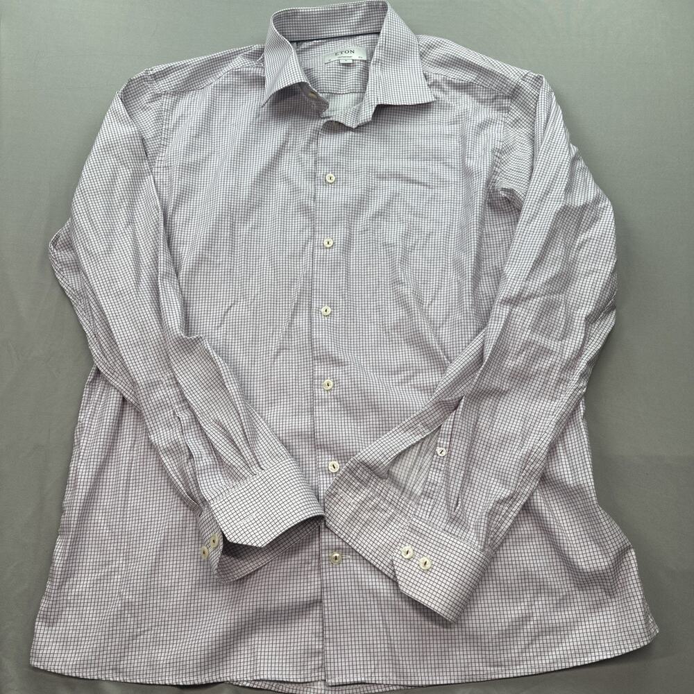 ETON Shirt Mens 44-17.5 White Red Mini Check Pattern Contemporary Preppy Career